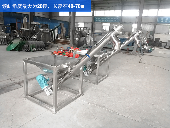 GX型絞龍輸送機(jī)傾斜角度最大為20度，長(zhǎng)度在40-70m